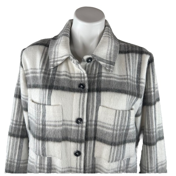 Melloday Jacket Shacket White Gray Plaid Waist Length Button Up Pocket Womens XL - Picture 3 of 10